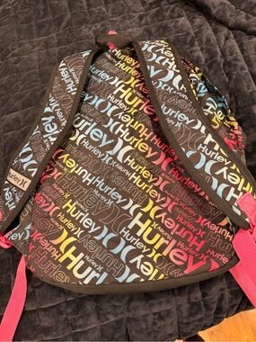 Hurley Brown Backpack with Multicolor Logo Print and Pink Straps